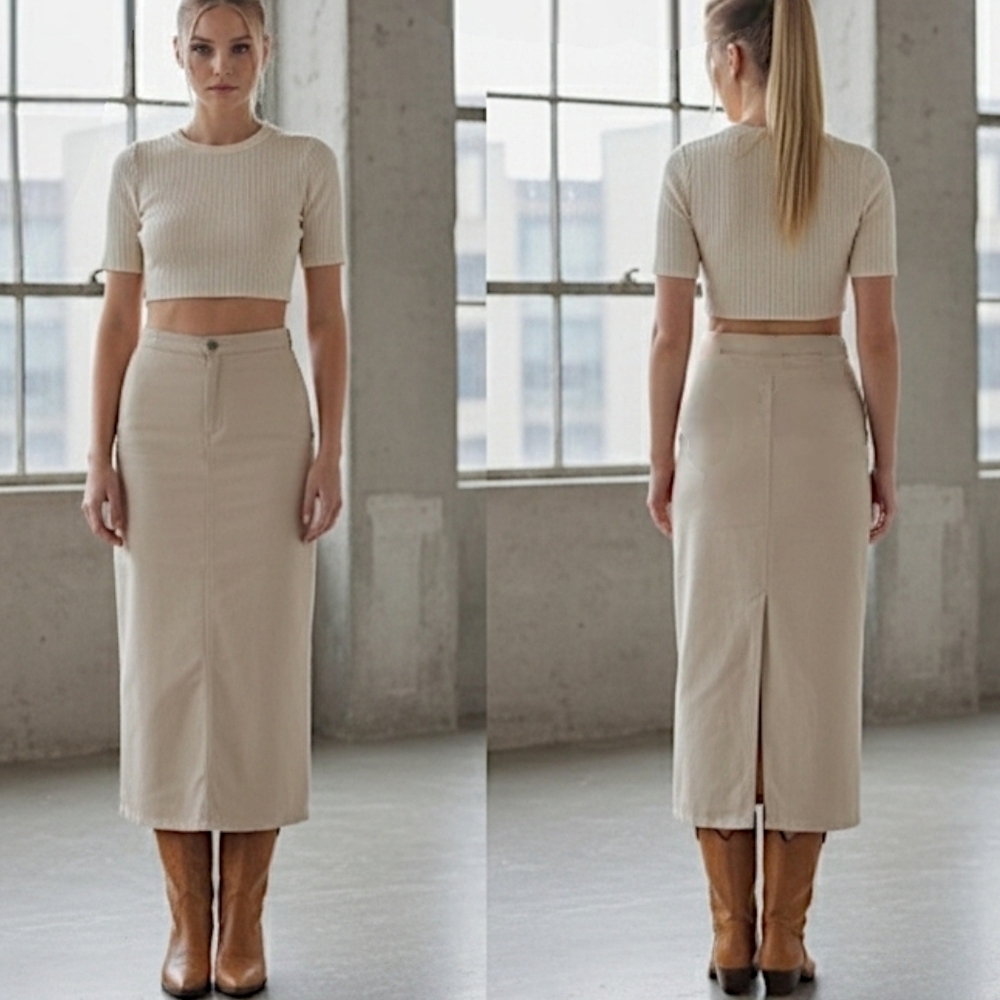 New Beige Maxi Denim Skirt With Slit